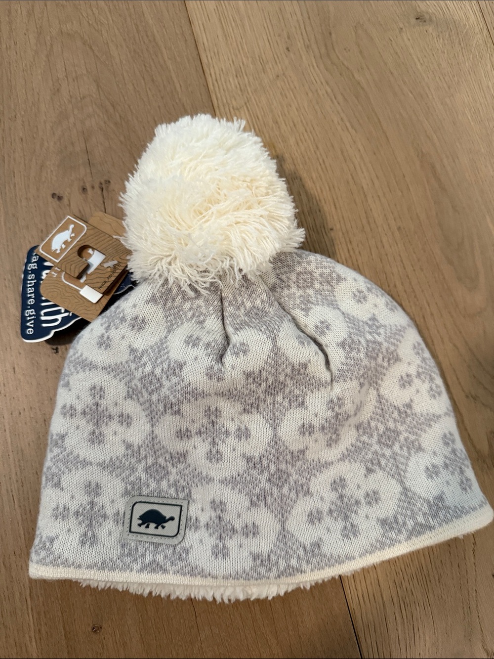 Cream & Gray Knit Pom Beanie with Turtle Patch - Women